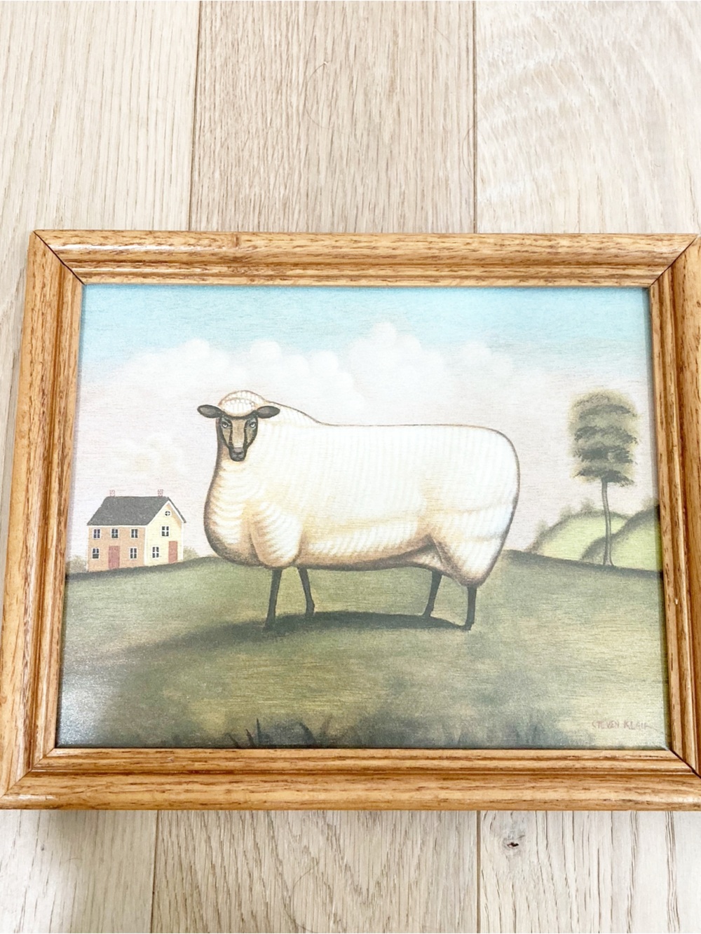 Whimsical Sheep Framed Wall Art - Rustic Oak Frame